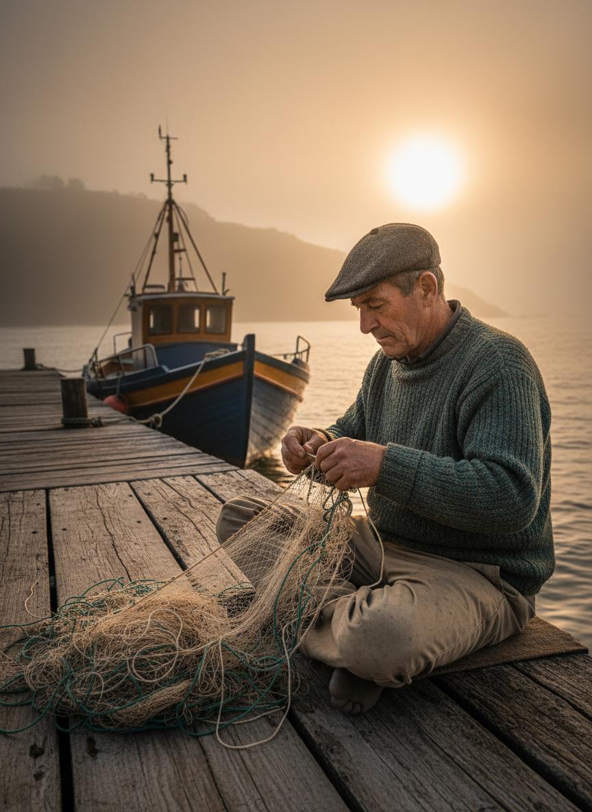 Fisherman mending nets on a wooden dock