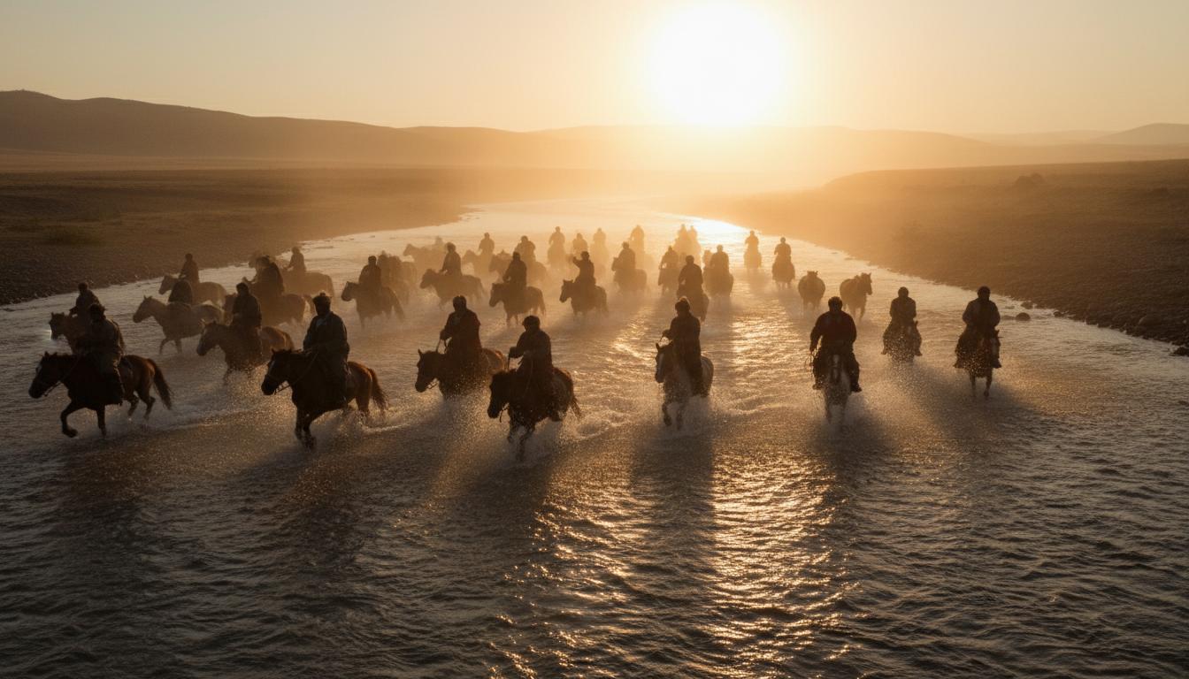 Horse riders crossing a river