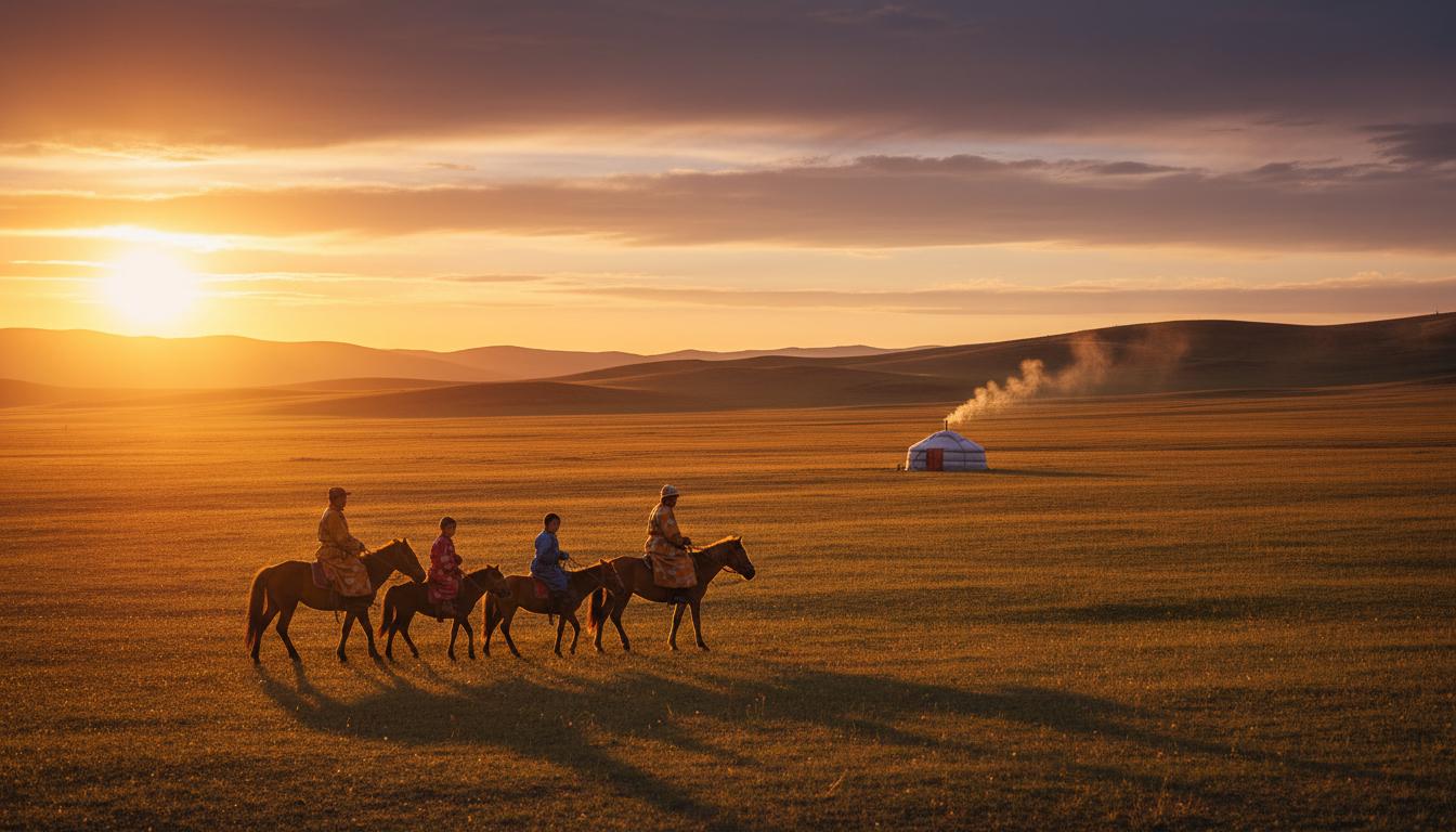 Nomads on horseback across the Mongolian steppe at sunset