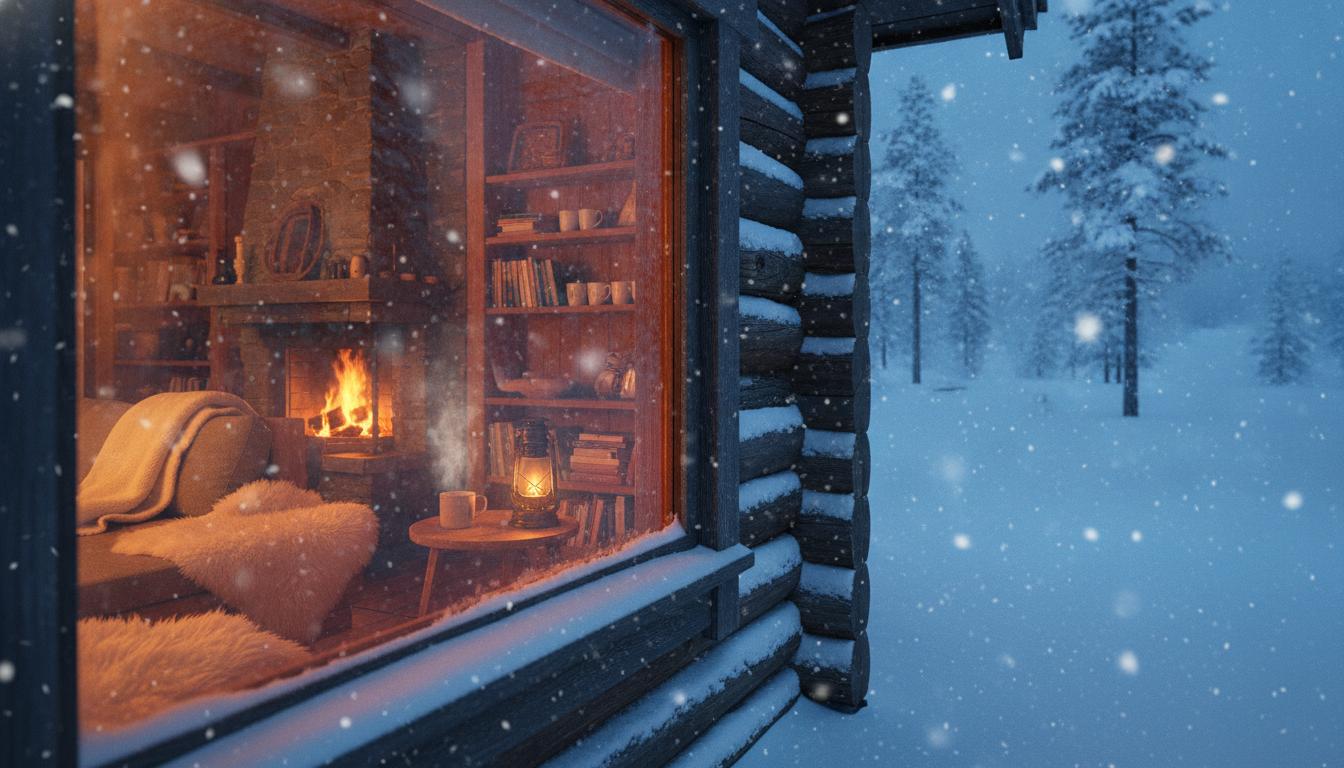 Snowy Norwegian cabin at dusk