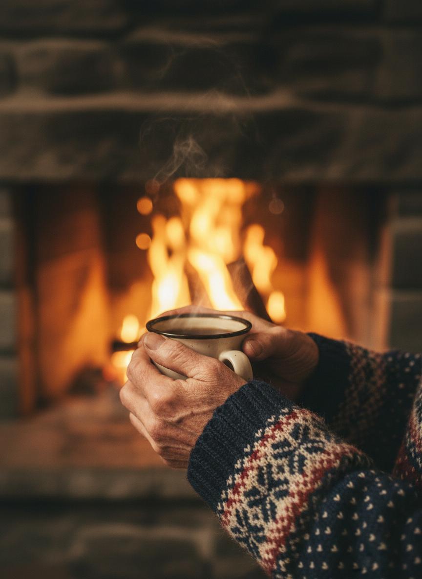Hands holding a warm cup by the fire
