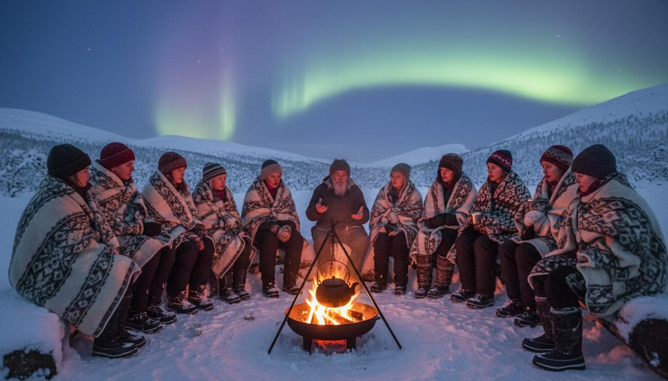 Fire gathering under northern lights