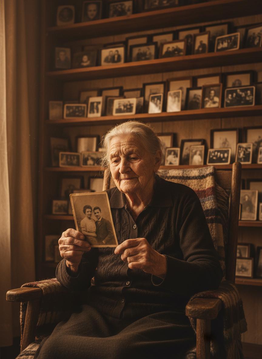 An elderly woman holding an old photograph